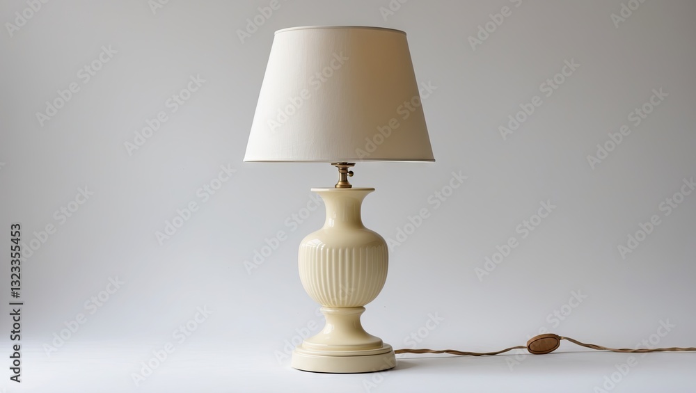 Aufkleber cream-colored lamp with a textured base and white shade positioned center left on a light gray backg