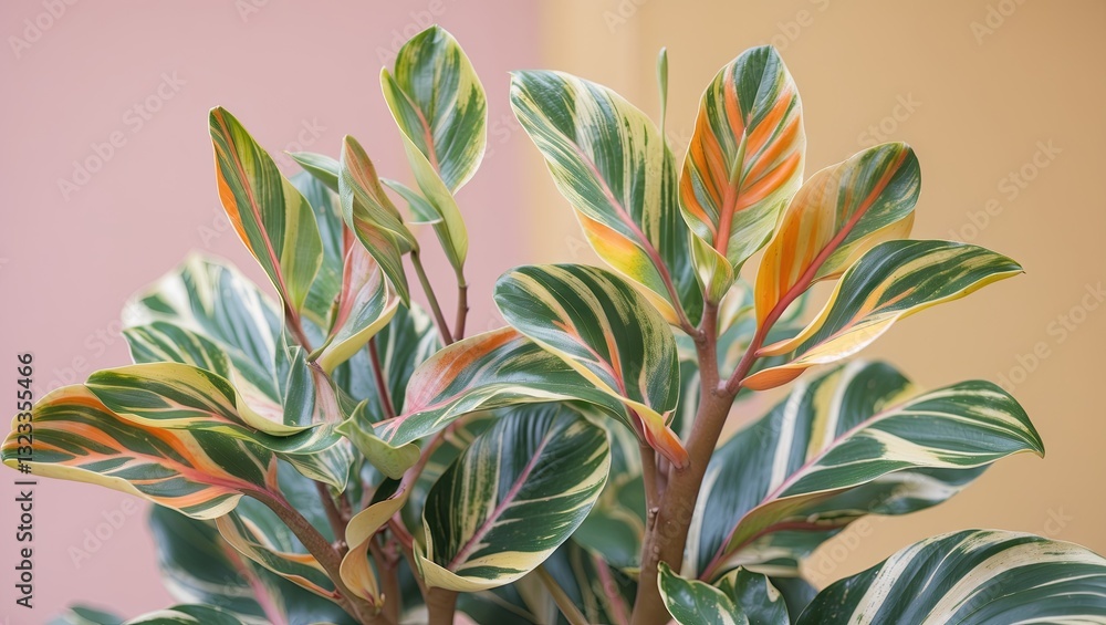 Aufkleber close-up of colorful codiaeum variegatum leaves with green orange and cream variegation against a so