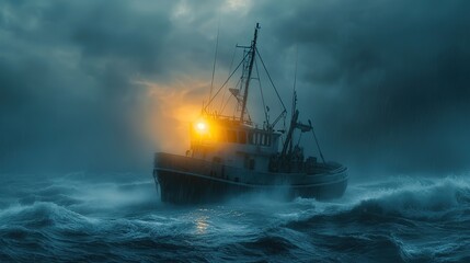 Obraz premium fishing boat trapped in an ocean storm with raging sea