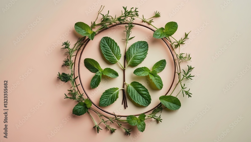Poster Circular arrangement of fresh rue and mint leaves in green tones on a soft pastel background creating a natural and harmonious design.