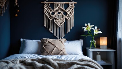 Cozy bedroom interior with dark blue wall, macrame wall art, white bedding, decorative pillow, flowers on nightstand, and soft lighting.