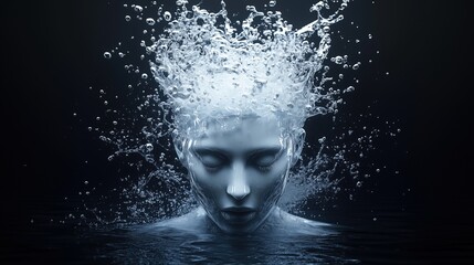 Surreal portrait of a woman with water bursting from her head. Creativity and inspiration