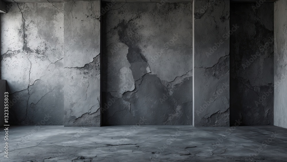 Poster abstract dark gray cement wall interior with textured backdrop, featuring three distinct sections cr