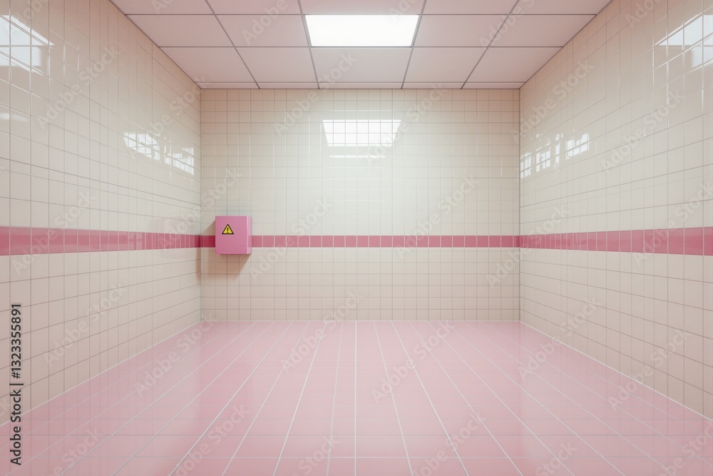 Poster minimalist empty tiled room with soft pink and cream tones, featuring a small warning box on the wal