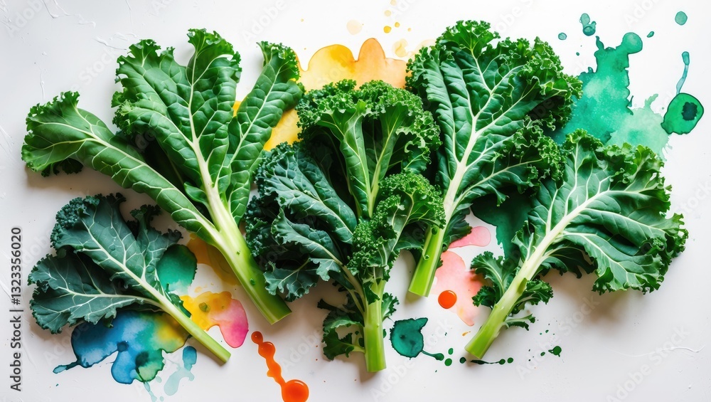 Poster vibrant kale leaves arranged in a flat lay on a white background with colorful watercolor splashes, 