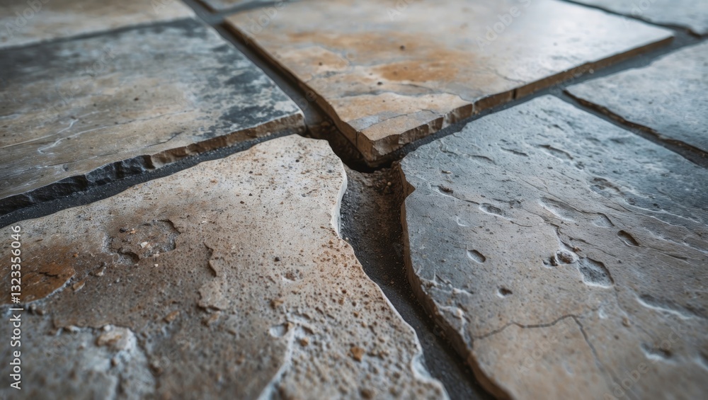 Poster detailed close-up of textured stone floor showing worn edges and cracks, earthy tones of gray and br