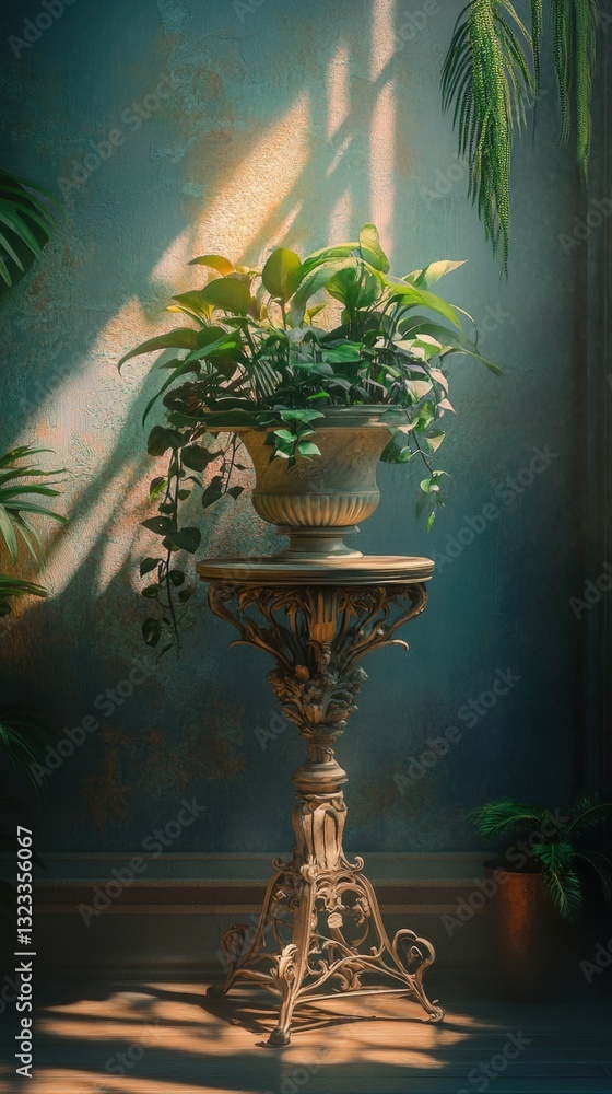 Poster a single potted plant sits on top of a table, ready for display or use