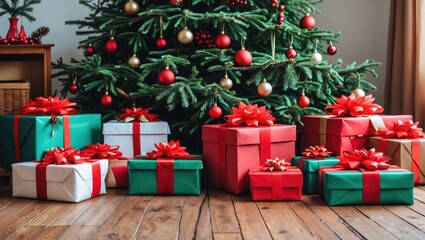 Vibrant arrangement of red and green gift boxes with large bows on a wooden floor in front of a decorated Christmas tree with ornaments.