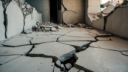 Cracked concrete floor with deep fissures and a fragmented cement wall in a dimly lit interior showing earthquake damage and structural instability.