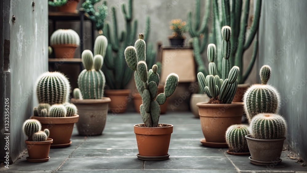 Poster cactus arrangement in clay pots against a textured wall with green foliage in a well-lit indoor gard