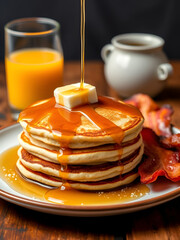 A stack of fluffy American pancakes topped with butter and maple syrup, with a side of bacon and a glass of orange juice.