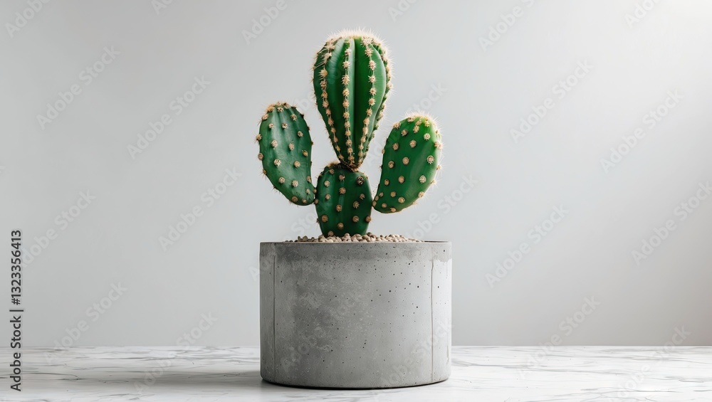 Poster green cactus with spines in a textured concrete pot positioned centrally against a bright white back