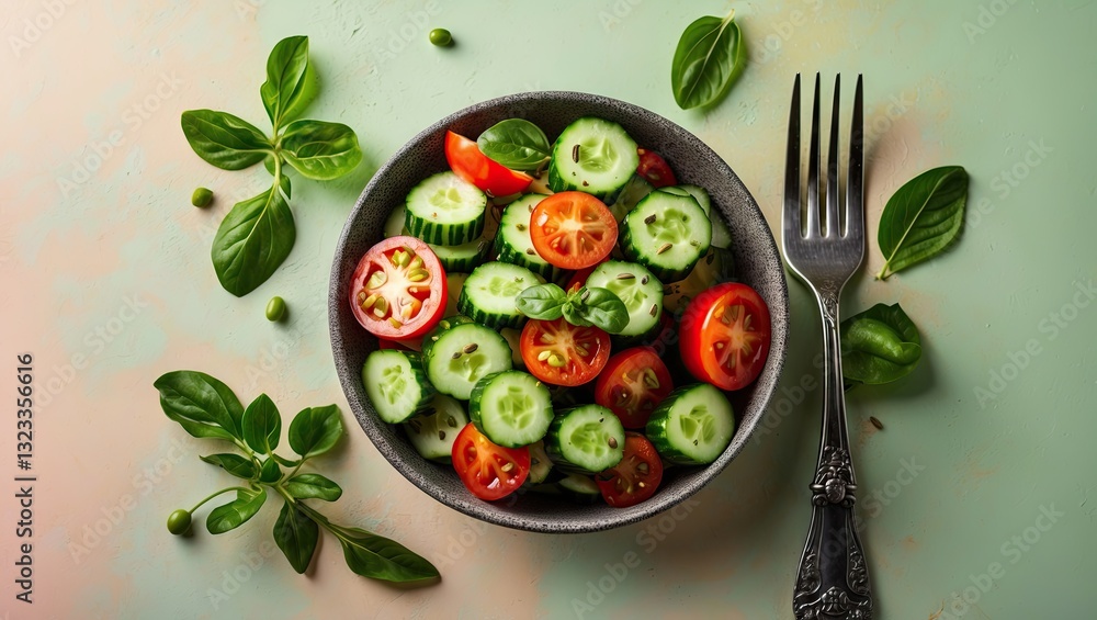 Poster cucumber and tomato salad in a gray bowl on a pastel green background with fresh basil leaves and a 