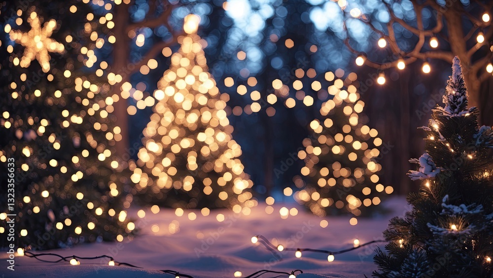 Poster warm golden christmas lights create a magical bokeh effect in a snowy forest, with soft glowing tree