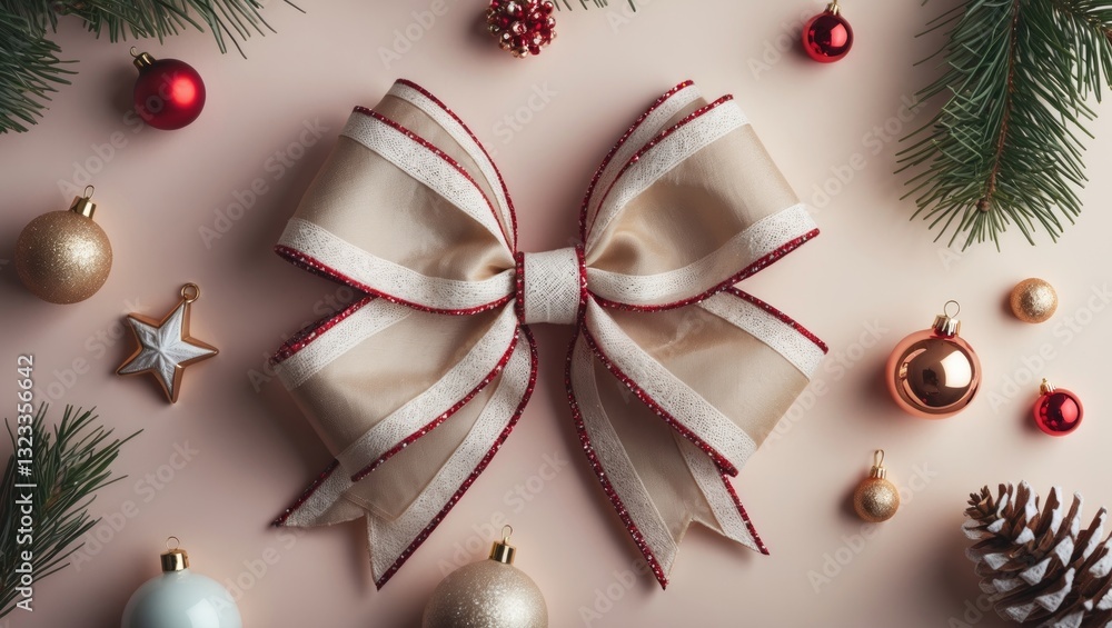 Poster elegant christmas bow in neutral tones centered on a soft pastel background surrounded by gold and r