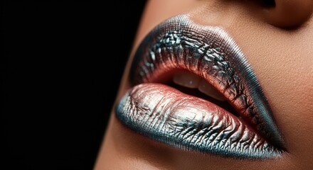 Close-up of metallic colored lips on dark-skinned female model