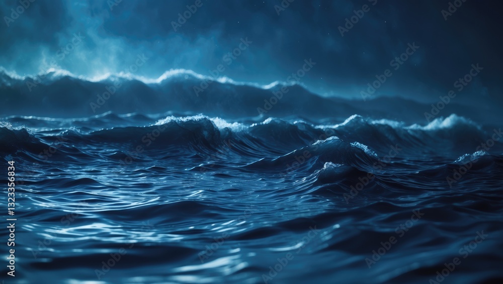 Poster stormy ocean waves in deep blue tones with dramatic lighting and high contrast, showcasing dynamic m