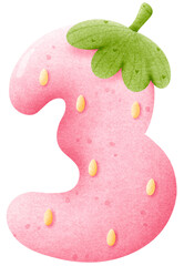 Cute strawberry cartoon font number 3, watercolor strawberry cartoon number three for kids, worksheet, template