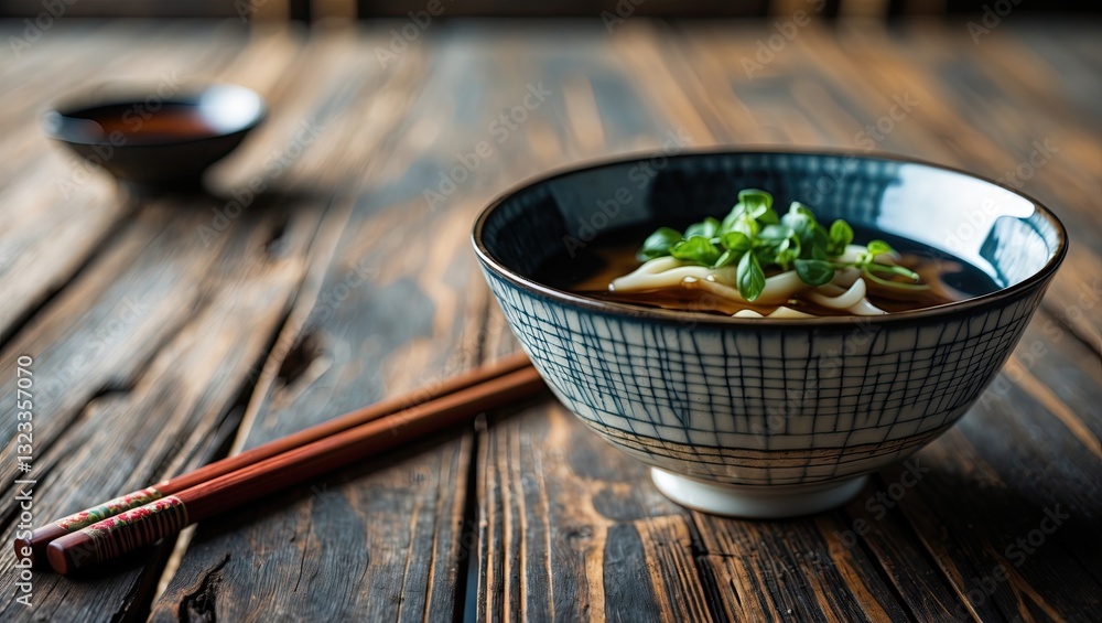 Aufkleber Bowl of noodles with green onions and chopsticks on a rustic wooden table with a dark background and soft lighting creating a cozy atmosphere