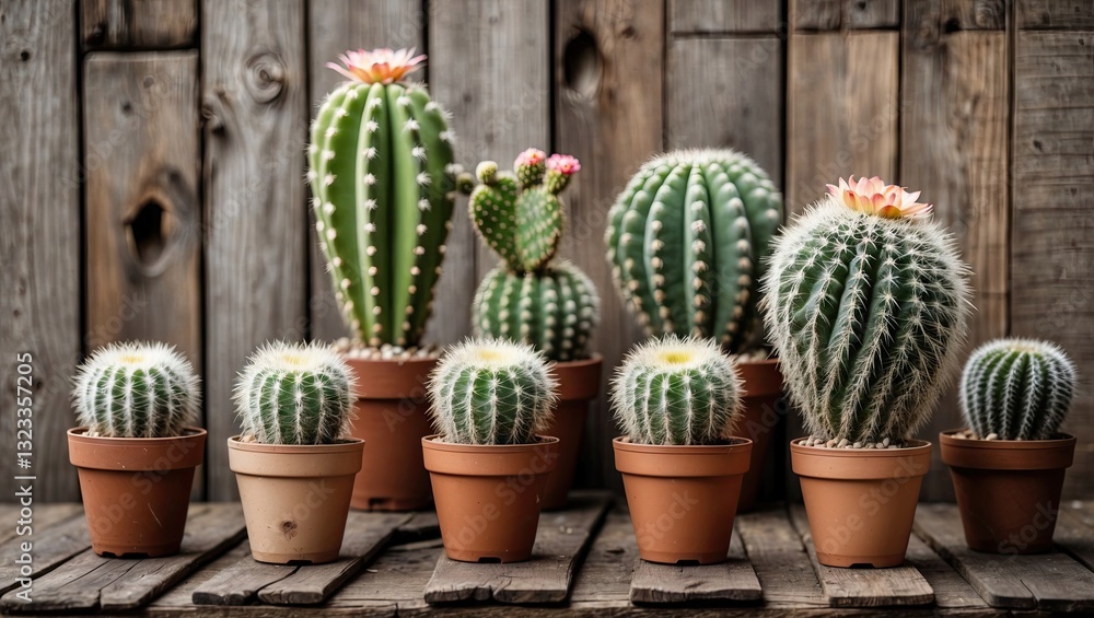 Poster cacti of various sizes in terracotta pots arranged on a rustic wooden backdrop with warm brown tones