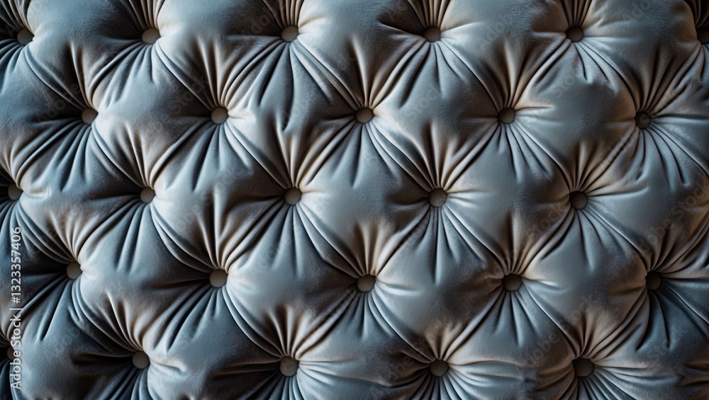 Poster textured close-up of grey velour chesterfield upholstery showcasing quilted patterns with button det
