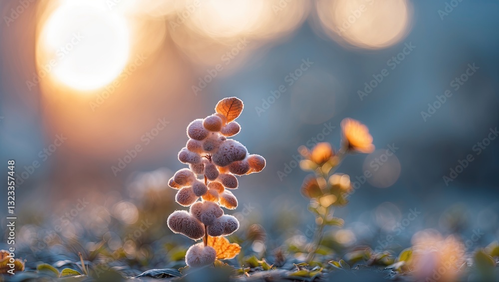Poster blurry background with soft warm sunlight illuminating delicate mushrooms and small flowers in focus