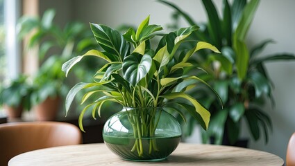 Close-up of vibrant green plant with yellow accents in a round glass vase centered on a wooden table against a blurred background of greenery.