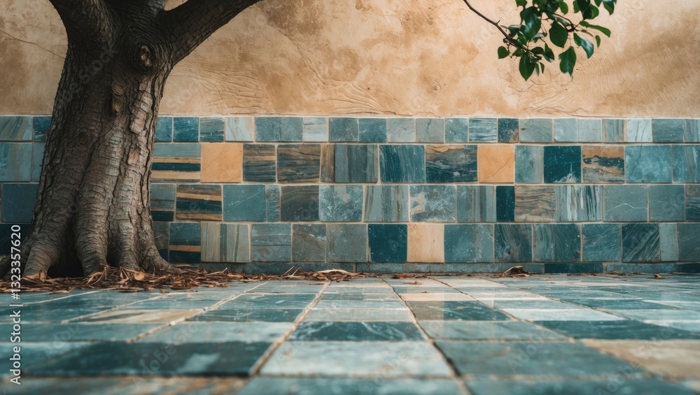 Aufkleber closeup of textured blue and green floor tiles against a weathered wall with a tree trunk and foliag