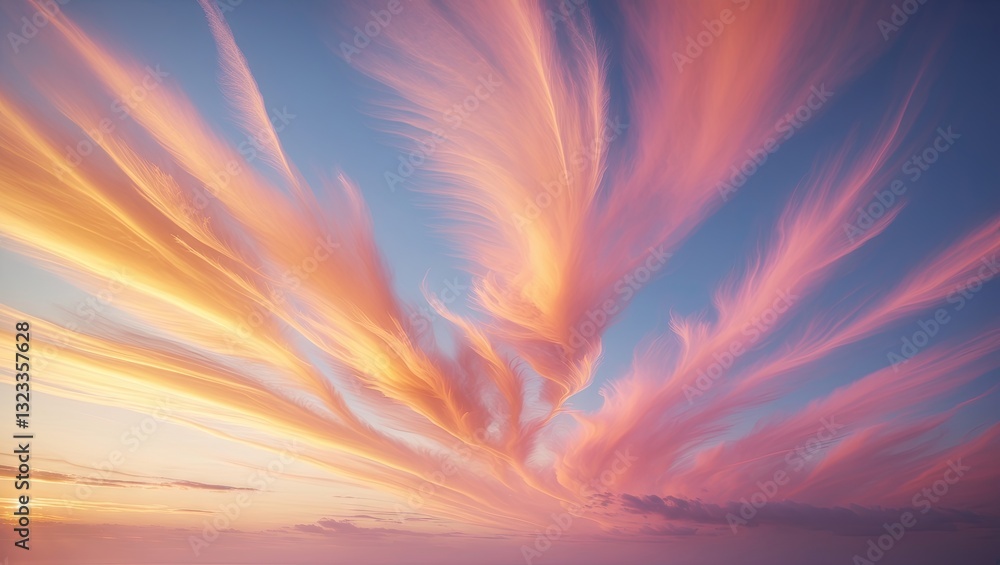 Poster vibrant pastel clouds stretch across a blue sunset sky with orange and pink hues creating an abstrac
