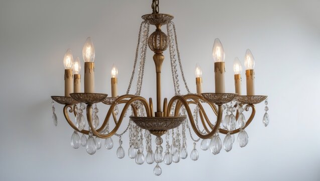 Elegant vintage chandelier with gold finish and crystal accents hanging centrally against a soft white background, illuminating warm light.