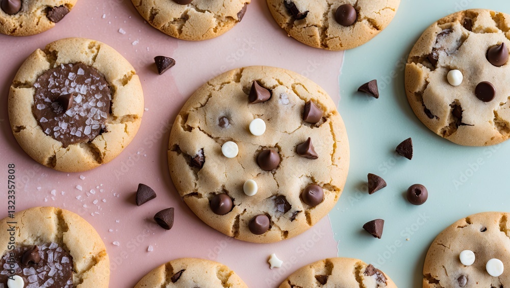 Poster assorted cookies with chocolate chips and sprinkles arranged on a pastel pink and green background r