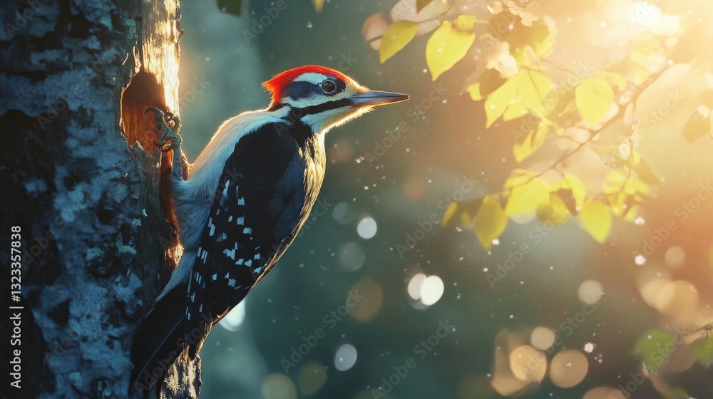 Poster a bird sits on a tree branch in the rain, waiting out the storm