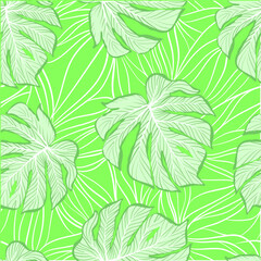 Green tropical palm leaves seamless vector pattern on the black background. Trendy summer print.	