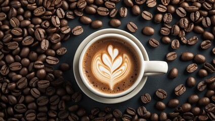 Top view of a white coffee cup filled with latte art surrounded by dark roasted coffee beans on a black background creating a rich coffee ambiance