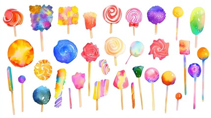 candy and sweets watercolor collection isoleate background Collection set watercolor. Colorful lollipops and candies in watercolor style.