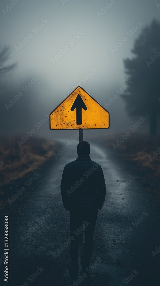 Poster a person standing by the roadside with a yellow warning sign, suitable for highway or construction u