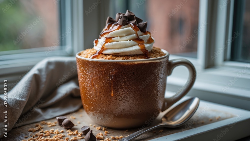 Aufkleber mug cake topped with whipped cream and chocolate chips, positioned on a wooden surface beside a wind