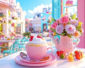 A vibrant cafe scene featuring a pink cup of dessert topped with cream, surrounded by colorful flowers and a cheerful atmosphere.