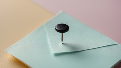Close-up of a mint green note paper with a black push pin positioned centrally on a soft pastel yellow and pink background.