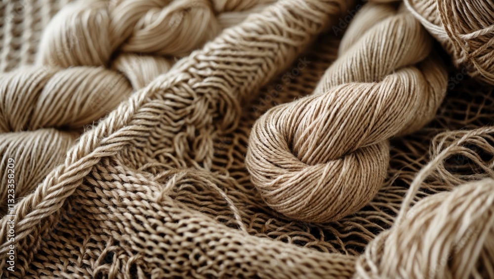 Poster close-up view of beige jute knitted fabric with twisted jute yarn showcasing fine textures and natur
