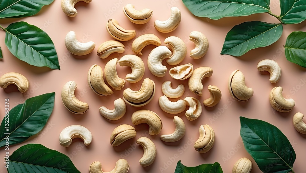 Poster cashew nuts scattered on a pastel pink background surrounded by dark green leaves showcasing ample c