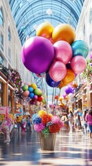 A vibrant display of colorful balloons in a lively indoor market setting, creating a festive and joyful atmosphere.