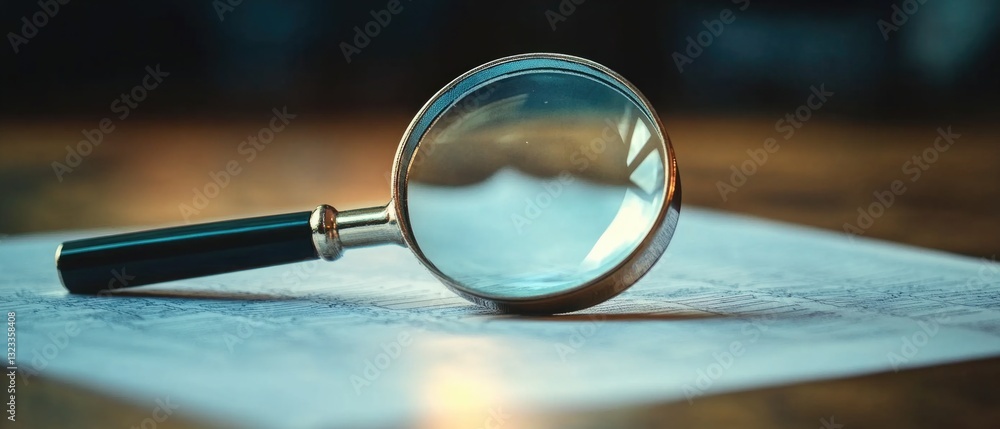 Poster a close-up shot of a magnifying glass resting on a piece of paper, perfect for illustrations or desi