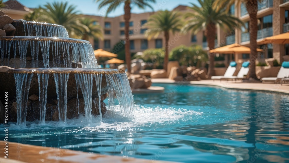 Aufkleber close-up of a sparkling waterfall cascading over rocks into a turquoise pool surrounded by palm tree