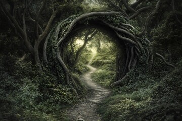 Pathway through a magical archway in an enchanted forest, sunlight in the distance, for fantasy use