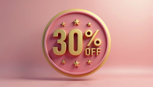 Promotional badge with "30% OFF" in golden letters, circular design, pink background, modern and attractive, copy space