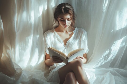 A woman sits on her bed, engrossed in a book - Powered by Adobe