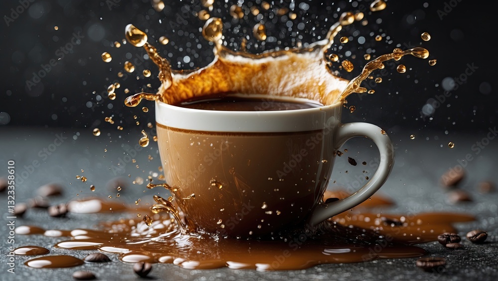Poster overflowing brown coffee cup with splashes against a dark textured background, surrounded by scatter