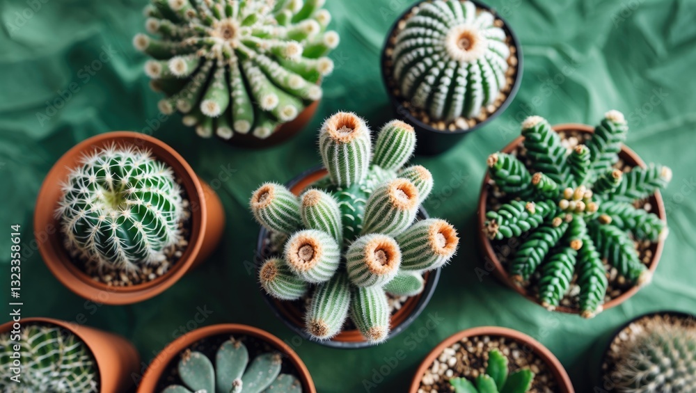 Poster top view of assorted potted cacti on green textured background featuring various shapes and colors o