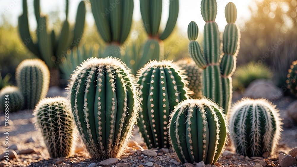 Aufkleber various types of green cacti with spines illuminated by golden sunlight in a desert setting showcasi